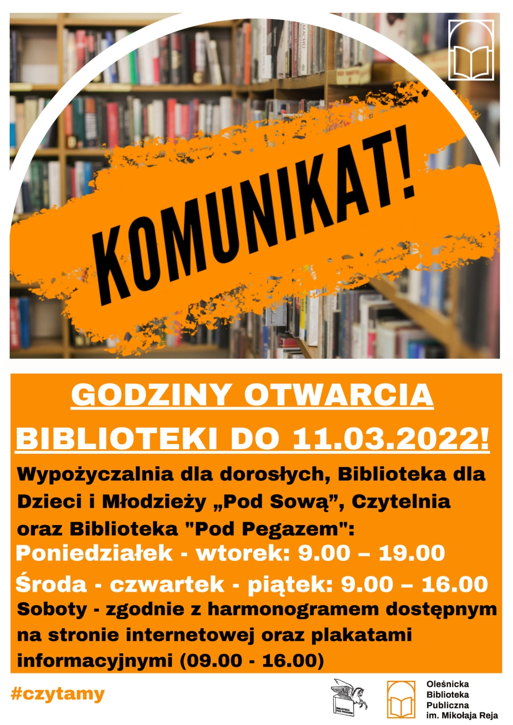 Godziny otwarcia biblioteki do 11.03.2022